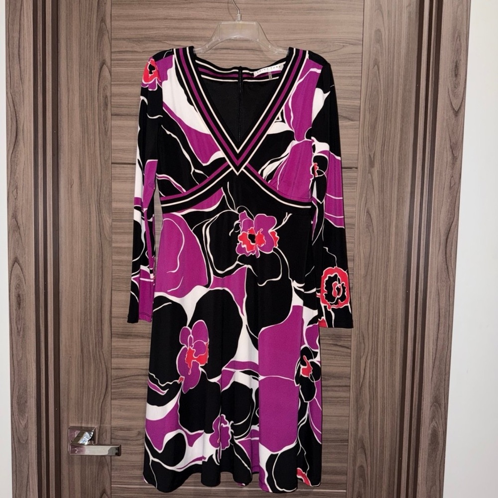 Trina Turk Black and Purple Floral Long Sleeve Dress